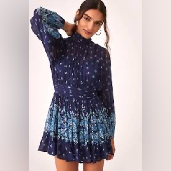 Anthropologie | Let Me Be Mock Neck Tie Back Floral Chiffon Mini | Blue | S - Picture 1 of 15